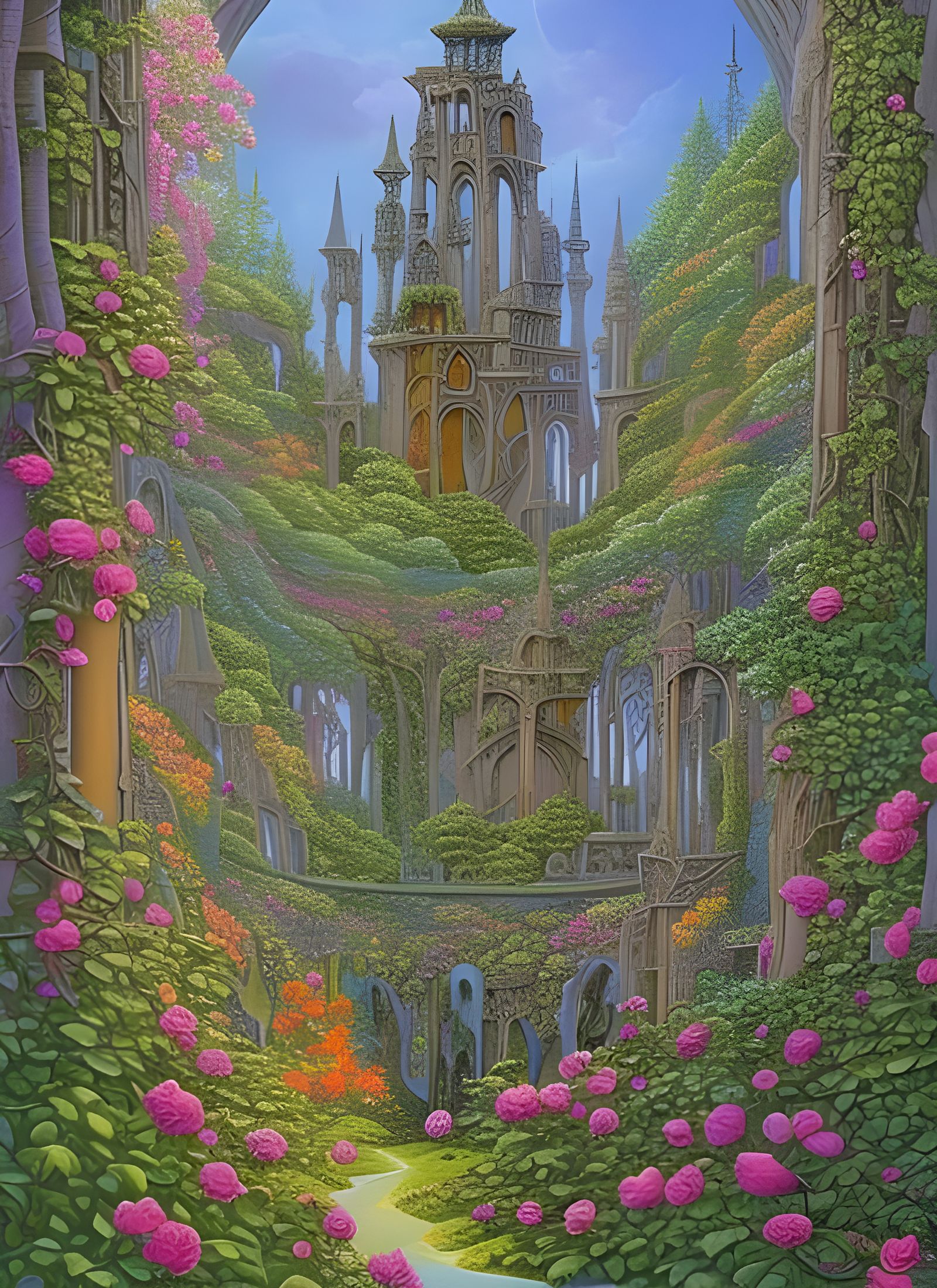 Rose Towers in Elven Woods Painting