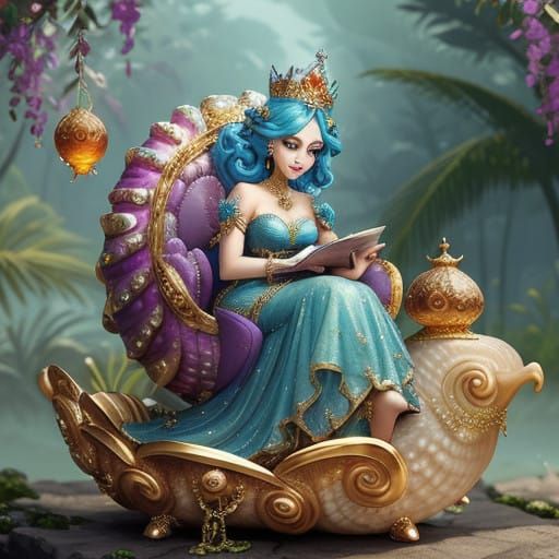 Whimsical Fantasy Princess in Enamel Glass Shell Throne