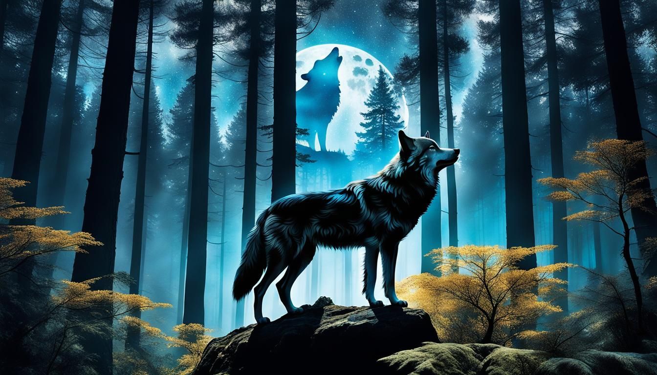 Wolf Silhouette in Bioluminescent Woodland Double Exposure