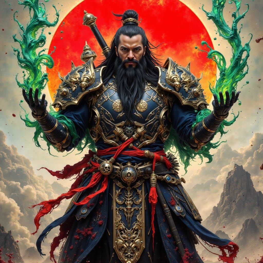 Asian Warrior with Ornate Sword and Green Chi