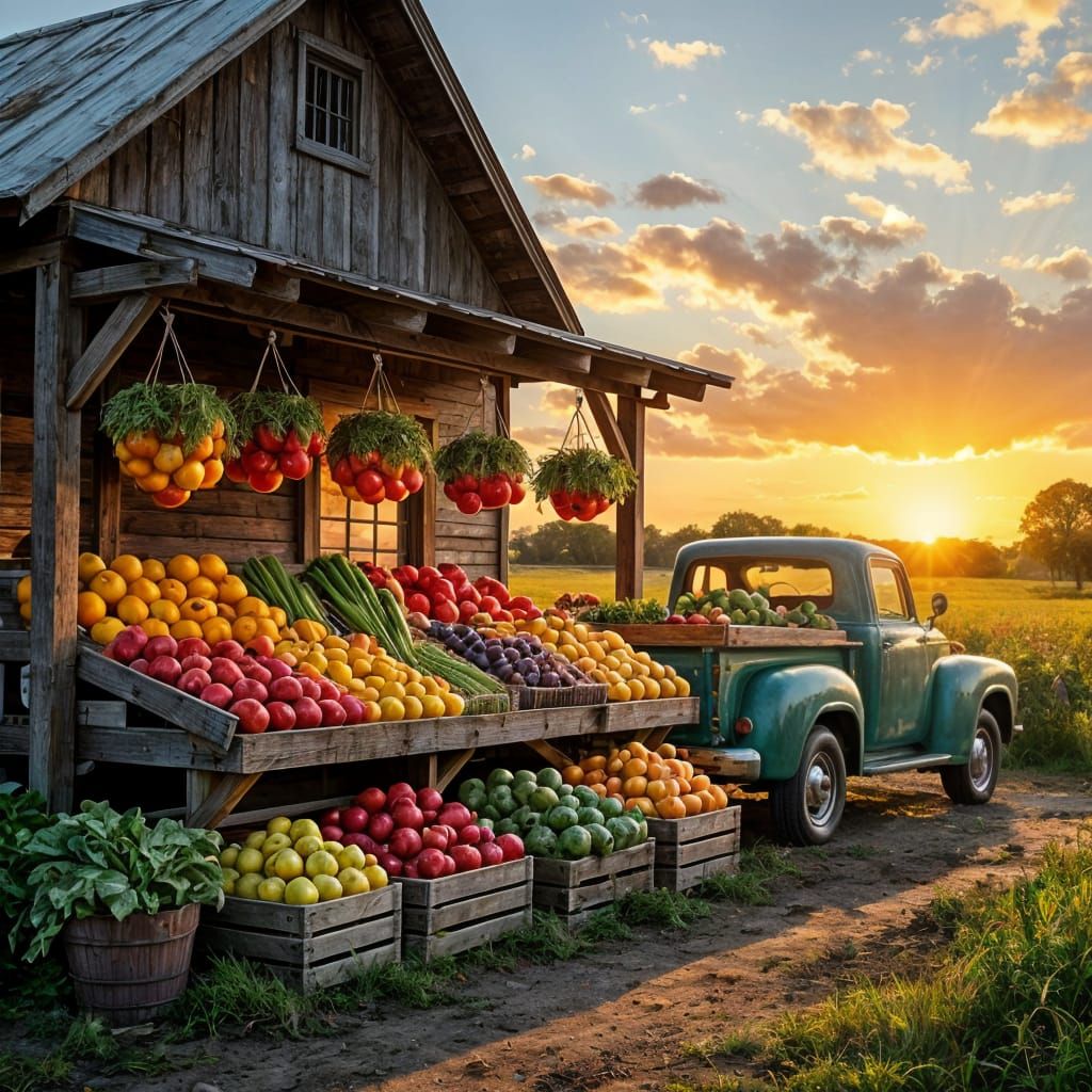 Rustic Farmstand at Sunset: A Digital Painting