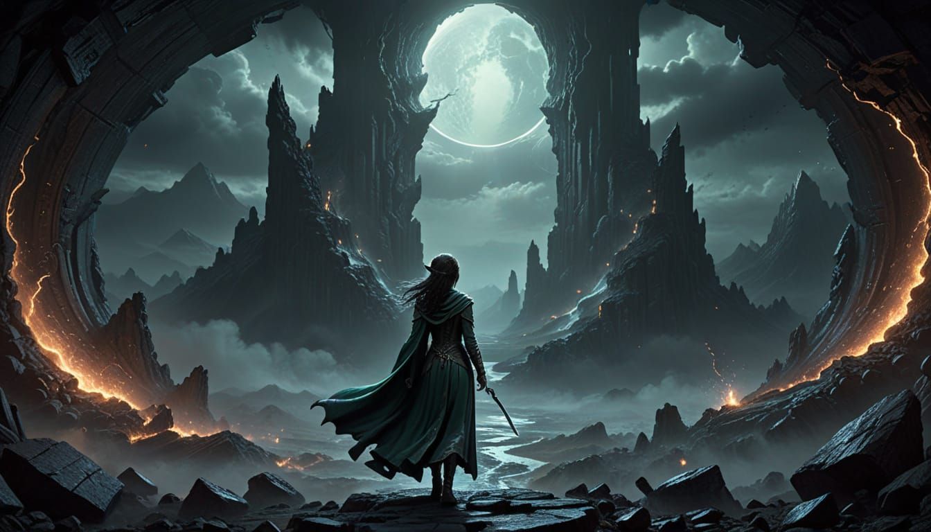 Elf Sorceress Faces Iridescent Portal in Dark Fantasy Art