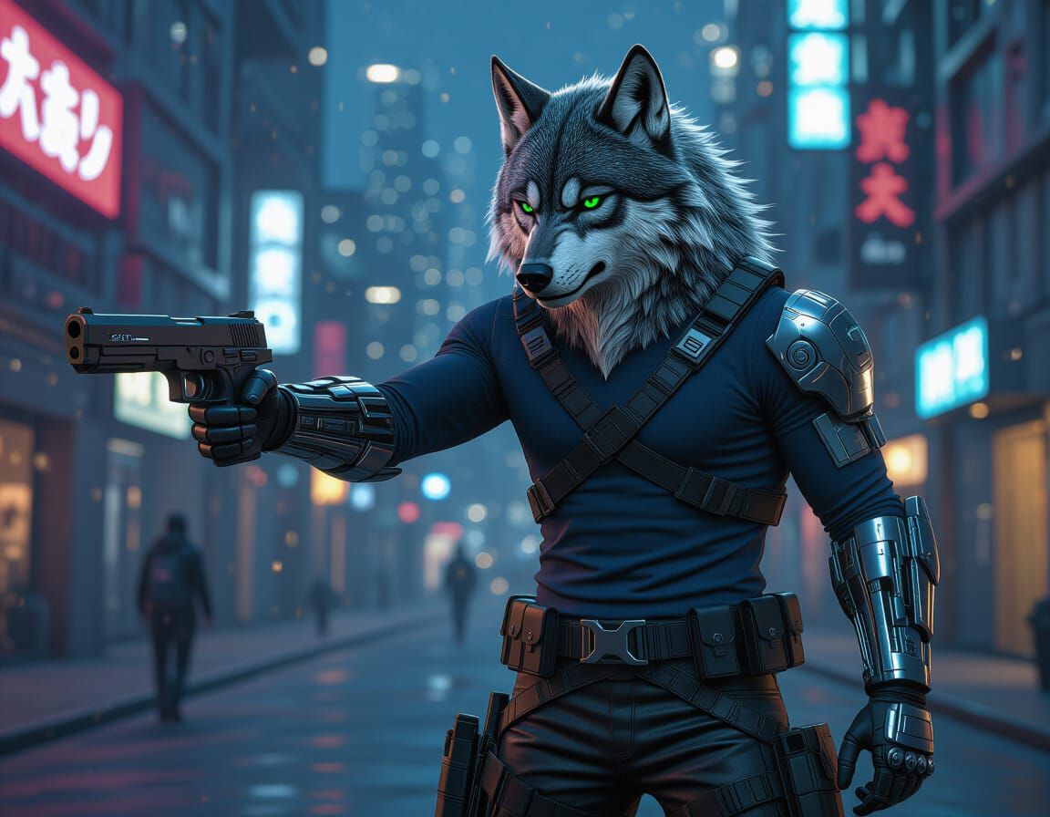 Cybernetic Dire Wolf Hunter in Futuristic City