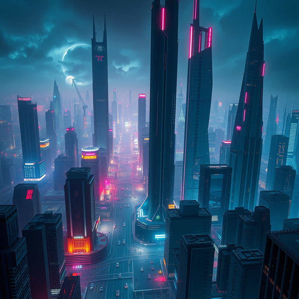 Futuristic Neon Cityscape in Dystopian Cyberpunk Style
