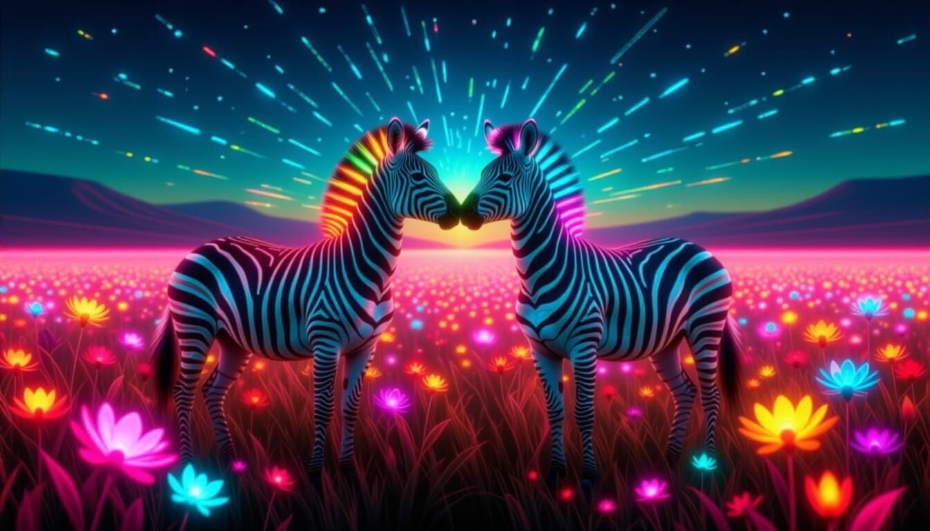 Surreal Wildlife Masterpiece: Alien Zebras Kiss in Radiant M...