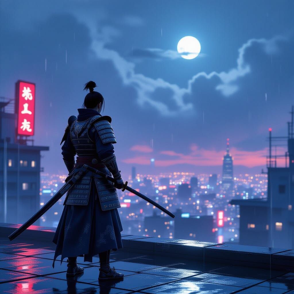 Samurai Warrior Overlooks Neon Cityscape at Dusk