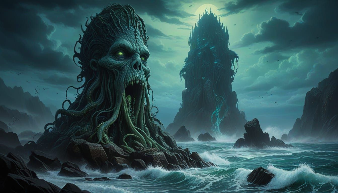 Lovecraftian Cthulhu Sculpture in Dramatic Lighting