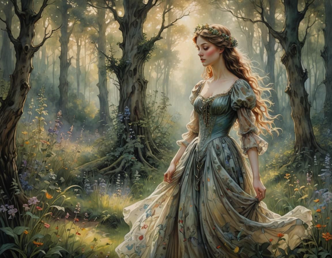 Fairytale Lady in Sunlit Forest: Romantic Oil Painting
