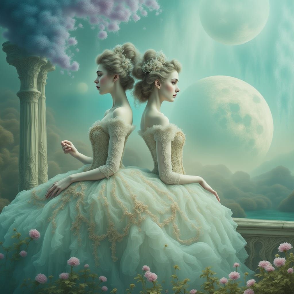 Ballerina in Ethereal Alien Landscape, in a Rococo-Cyberpunk...