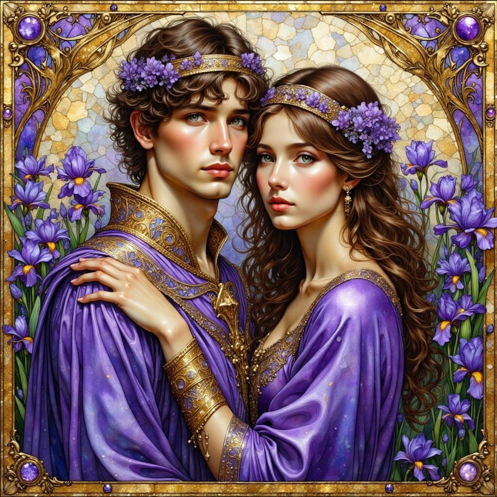 Medieval Lovers in Garden with Art Nouveau Style