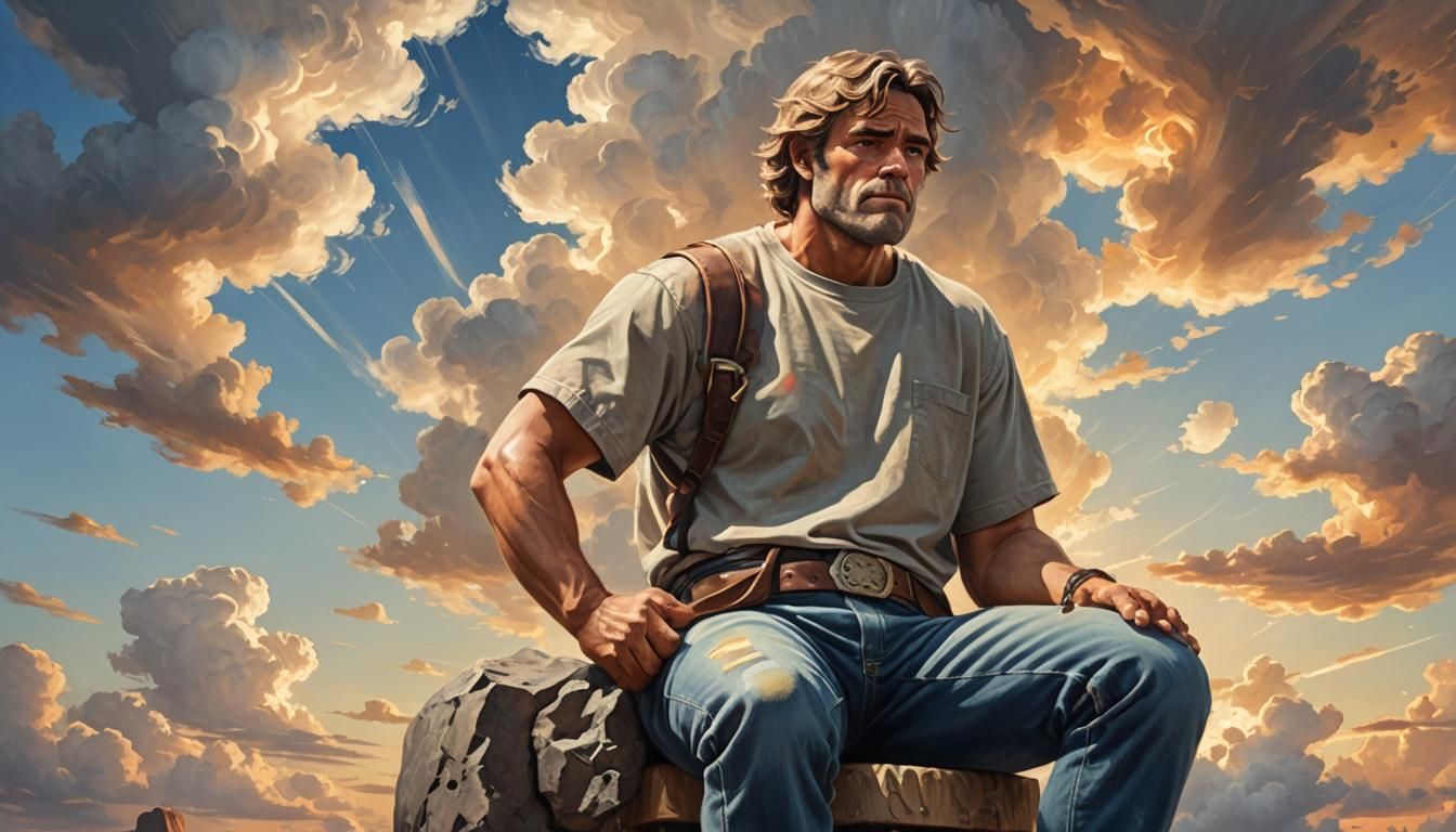 Giant Stone Man Gazing Skyward: Hyper-Realistic Digital Art