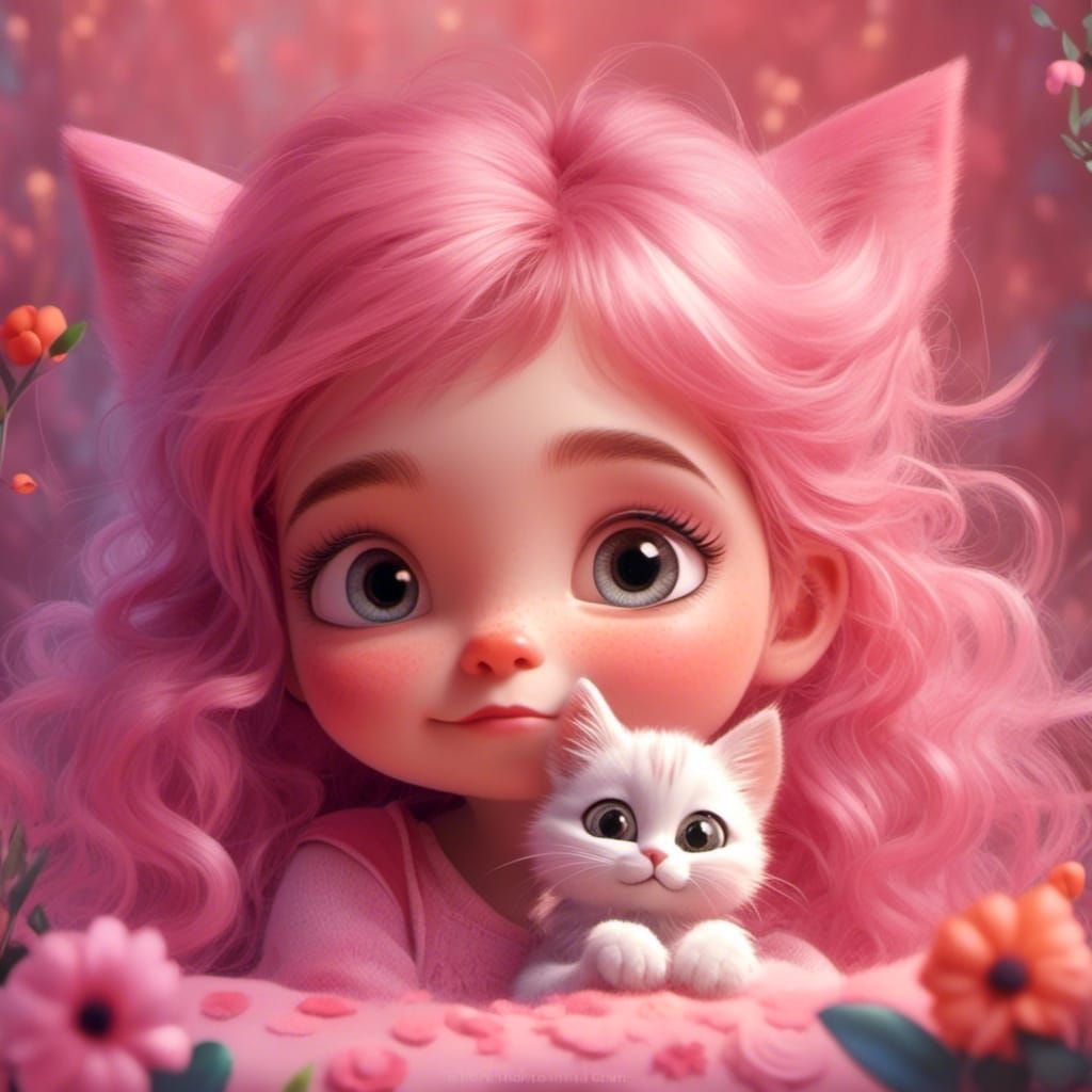 Whimsical Girl with Cat in Toon Hurtz Style