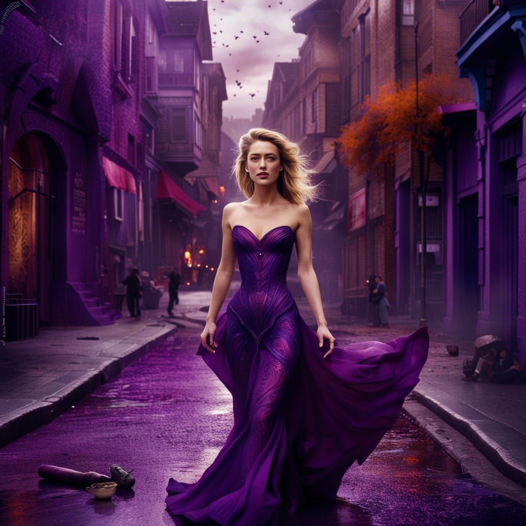 Amber Heard Lookalike in Purple Dress, Detailed Matte Painti...