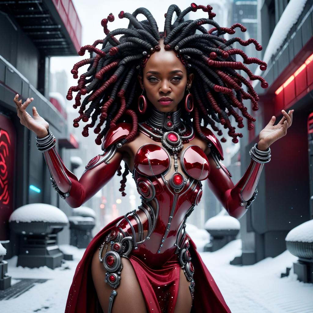 Biomechanical African Snow Goddess Android in Sci-Fi City