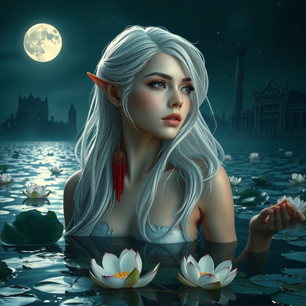 Ethereal Elf Maiden Amidst Lotus Blooms and Ancient Ruins