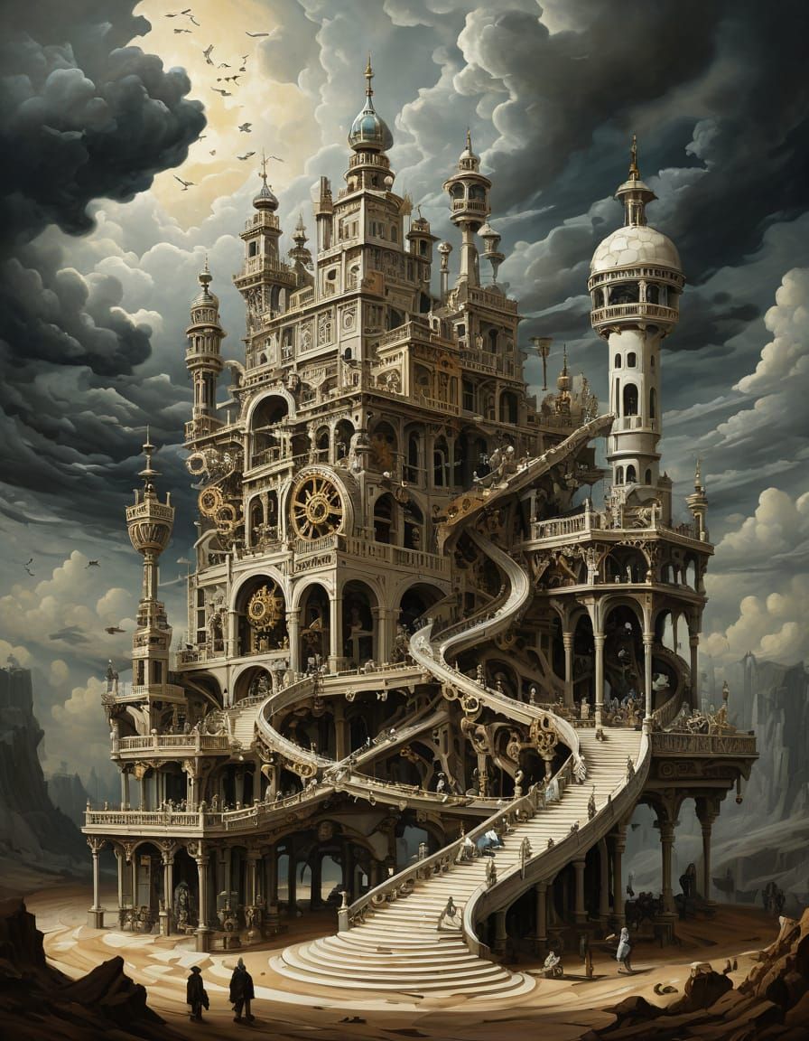 Escher-esque Impossible Structure with Timepiece and Figures