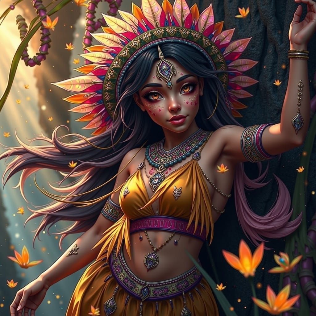 Tribal Goddess in Lush Jungle Landscape