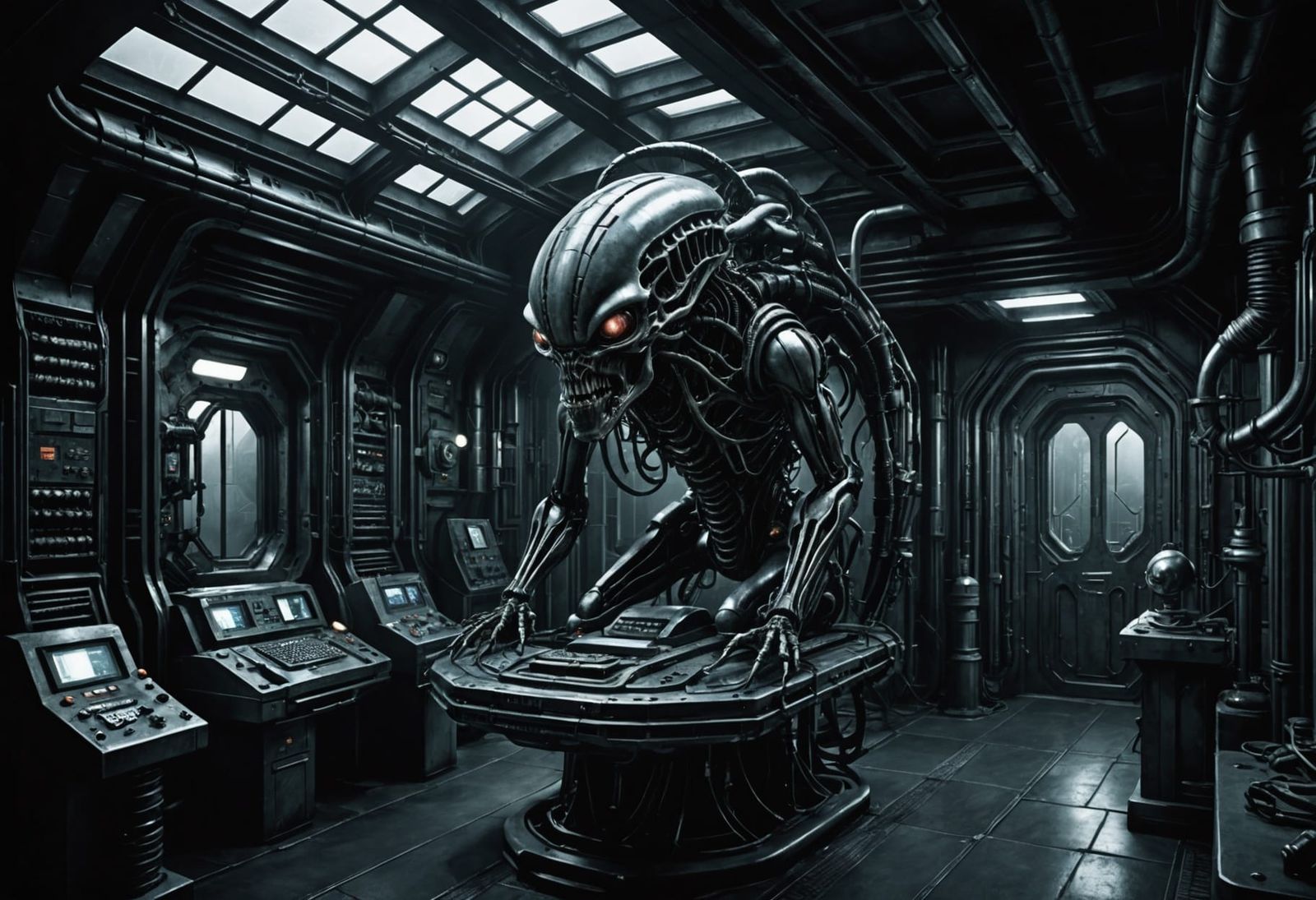 Biomechanical Alien Laboratory in Dark, Eerie Style