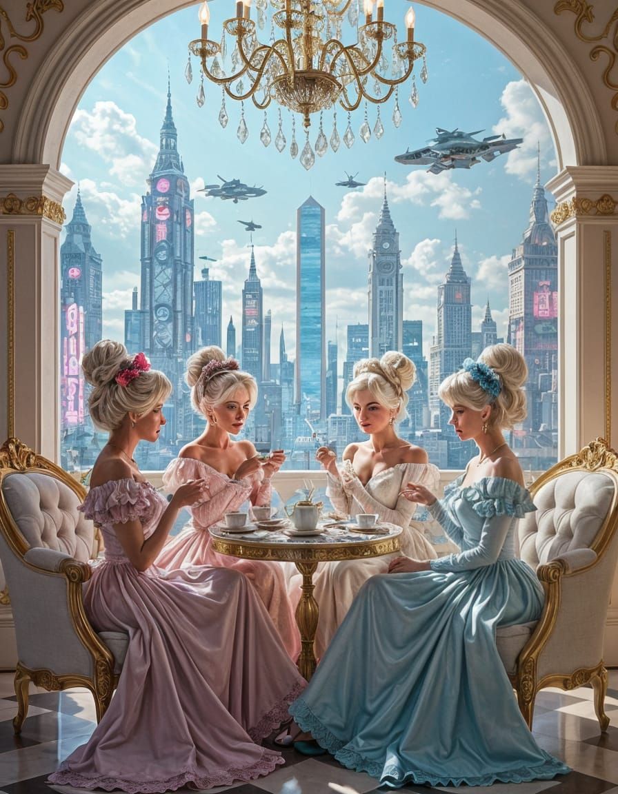 Rococo Tea Party Meets Cyberpunk Cityscape