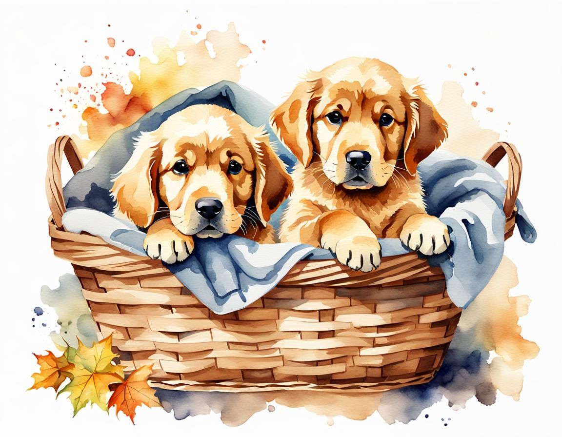 Watercolor Golden Retriever Puppies in Basket