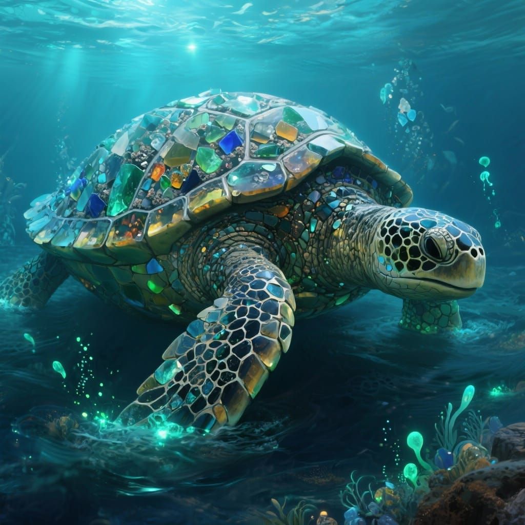 Colossal Sea Glass Turtle Sculpture in Bioluminescent Ocean