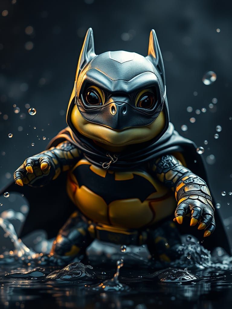 Cinematic Turtle in Black Batman Costume, Splashing in Water