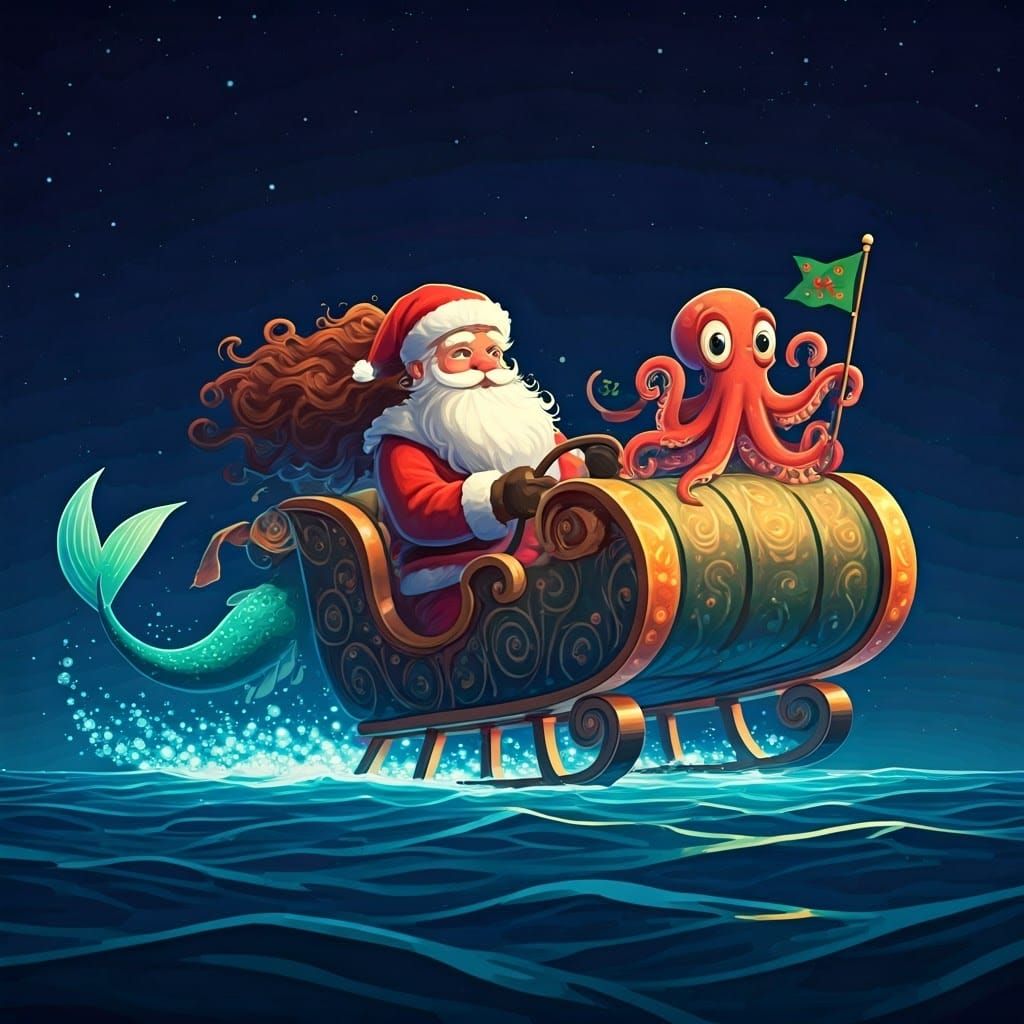 Santa's Sleigh with Mermaid and Octopus in Starry Sky