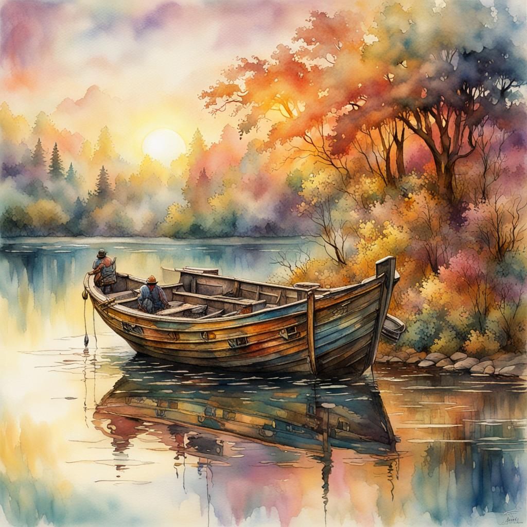 Misty Lake Fishing Boat in Watercolor Style