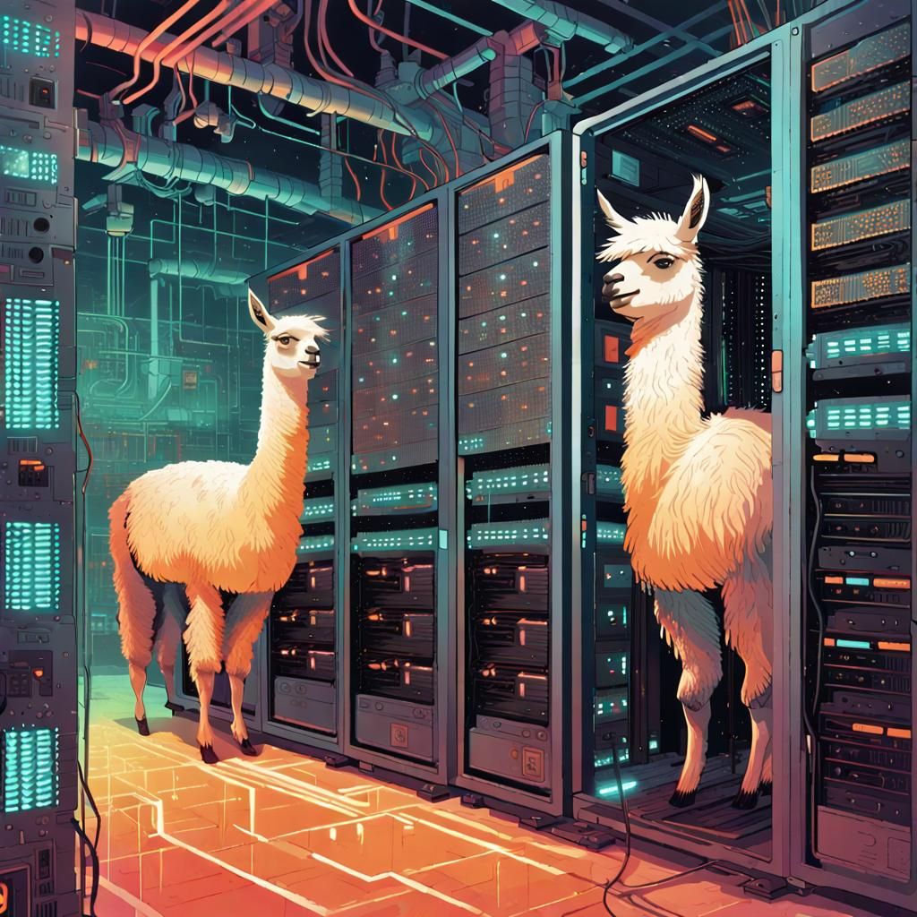 Pixelated Data Center with Llamas: Surreal Tech Illustration