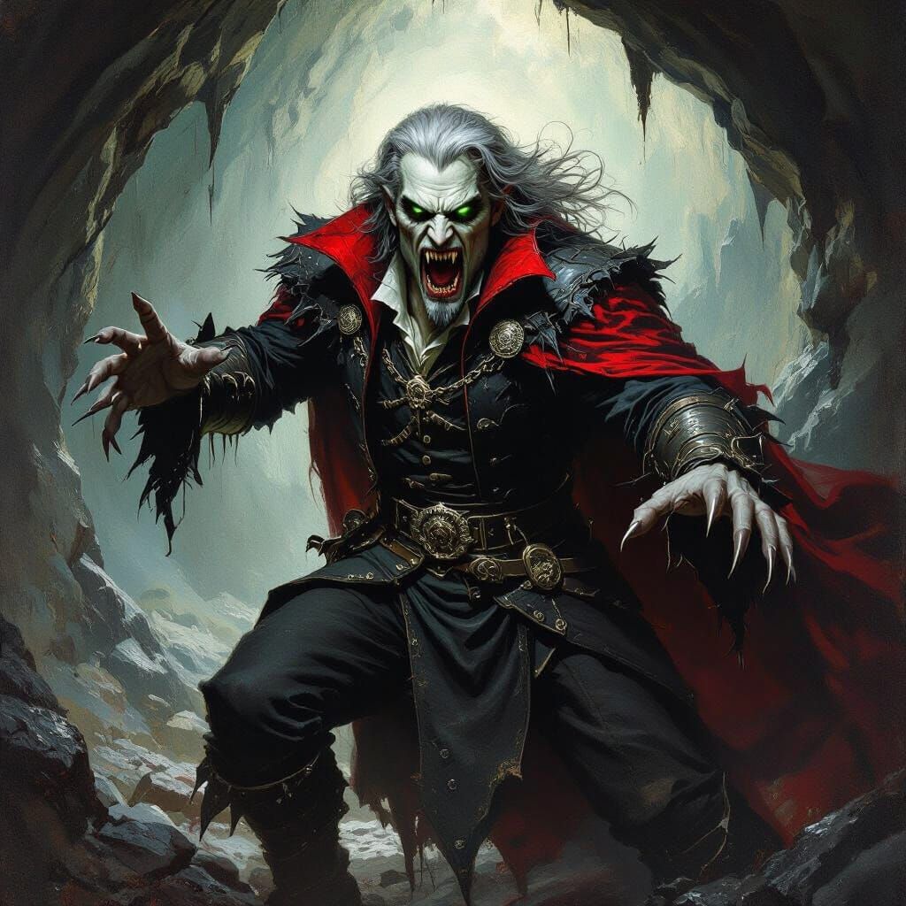 Vampire Lord in Dark Mines, Medieval Fantasy Oil Painting
