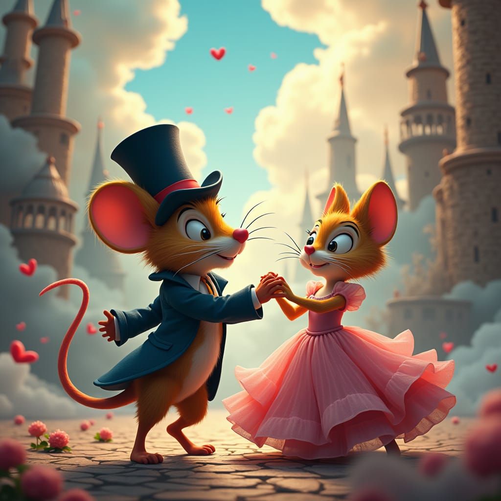Whimsical Mouse and Cat Dance in Dreamlike Setting