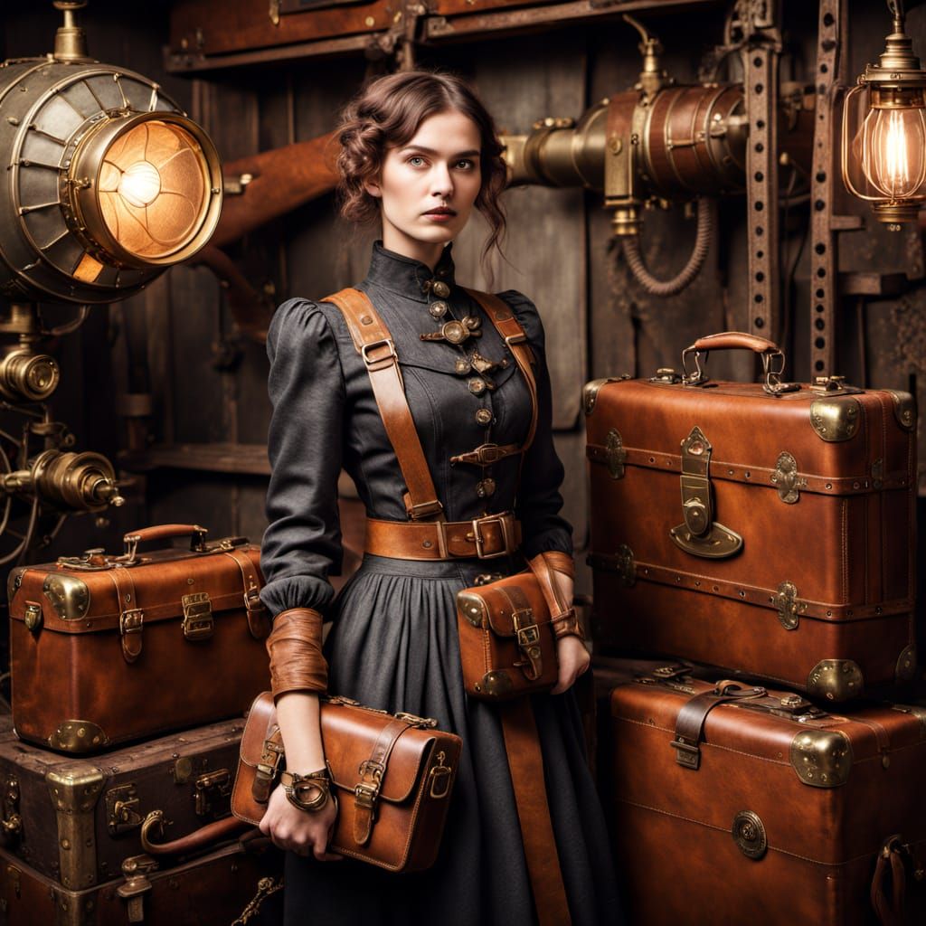 Steampunk Woman with Vintage Airplane in Brown and Gold