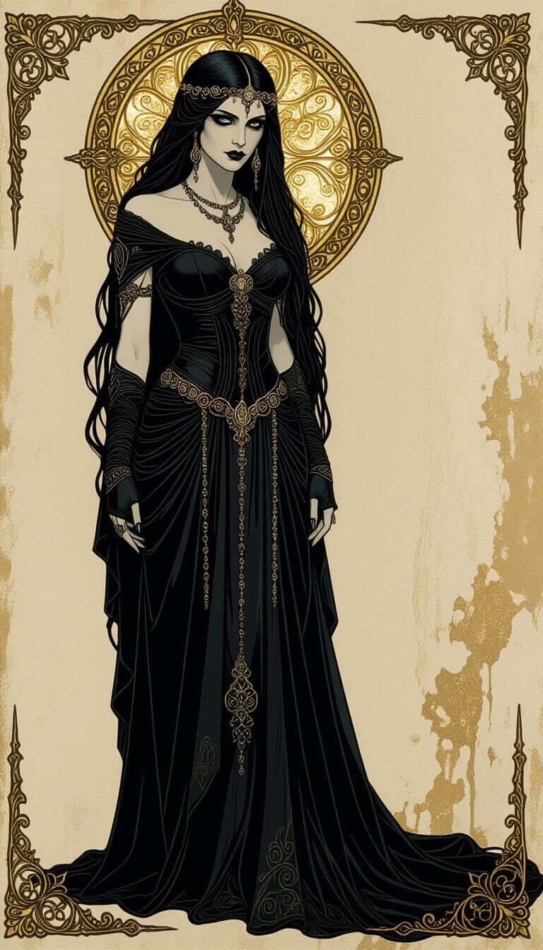 Medea in Gothic Attire with Golden Embellishments