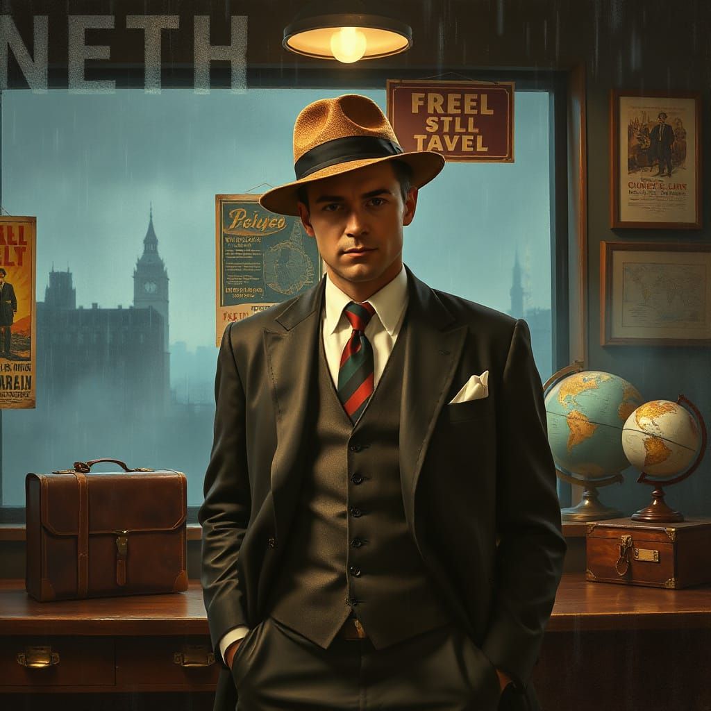 Sophisticated Travel Agent in Film Noir Style
