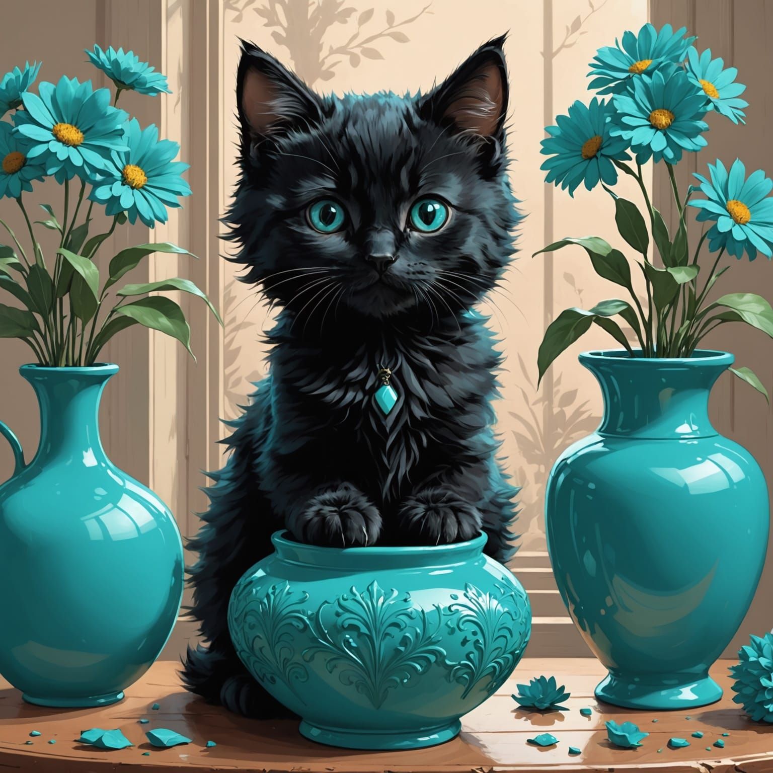 Anime Kitten with Turquoise Vase, Waterhouse Style