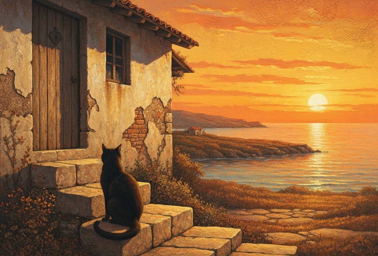 Peaceful Sunset Scene with Cat Painting