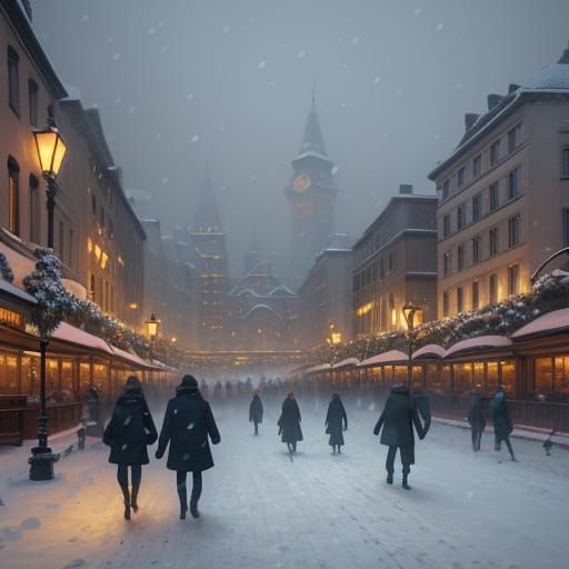Snowy City Square in Oil Painting Style