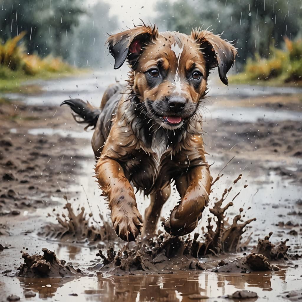 Vibrant Watercolor of Happy Puppy in Mud Puddle