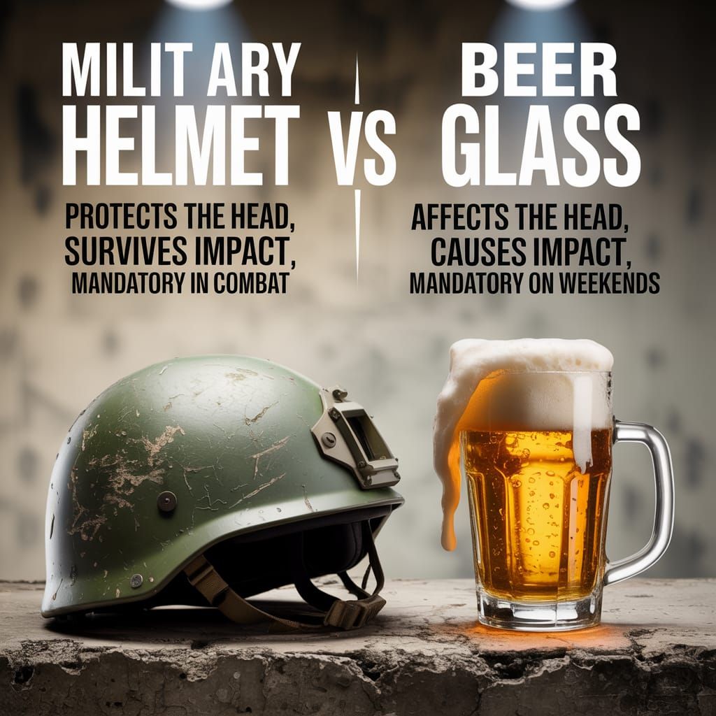 Military Helmet vs Beer Glass Comparison Poster