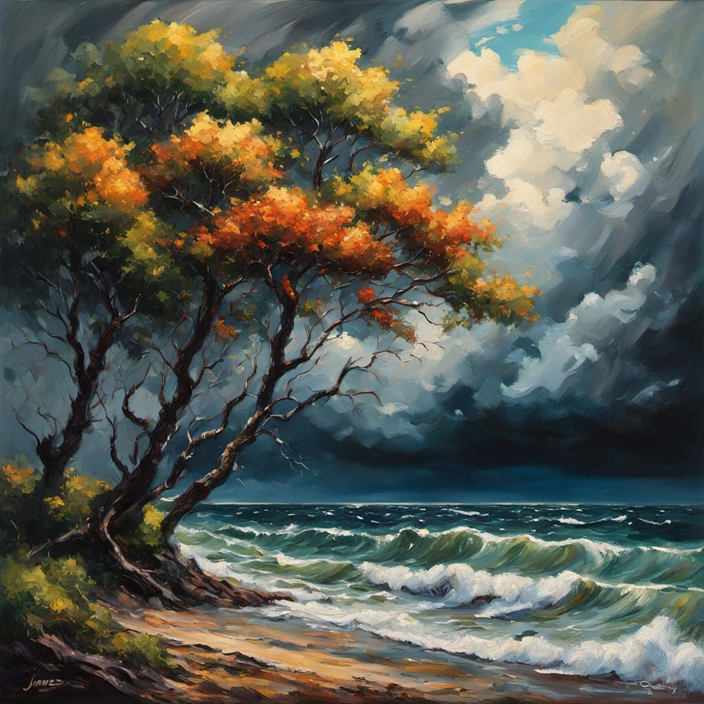 Stormy Coastal Landscape in Oil Painting Style
