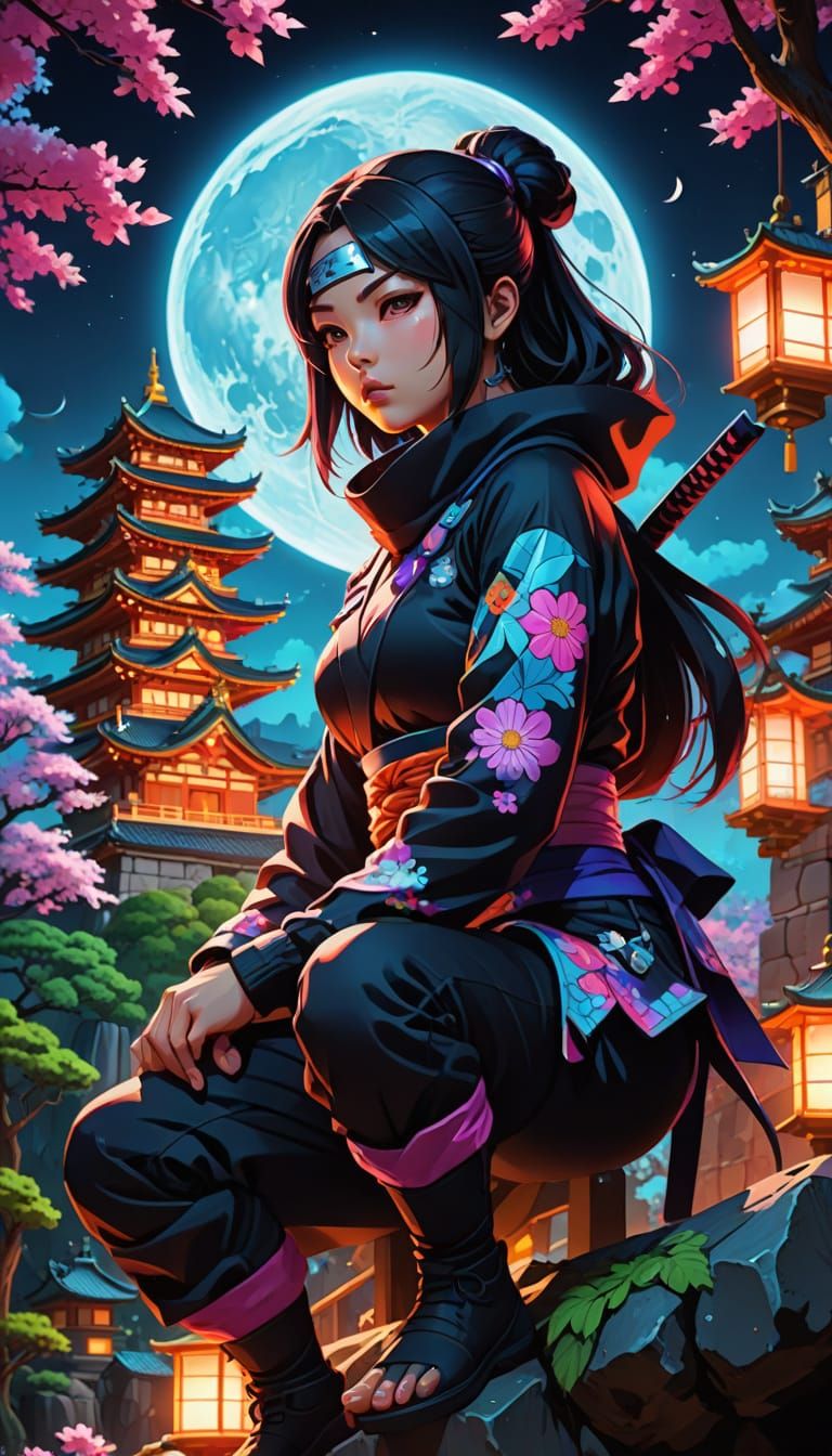 Ethereal Ninja Maiden on Moonlit Castle Wall
