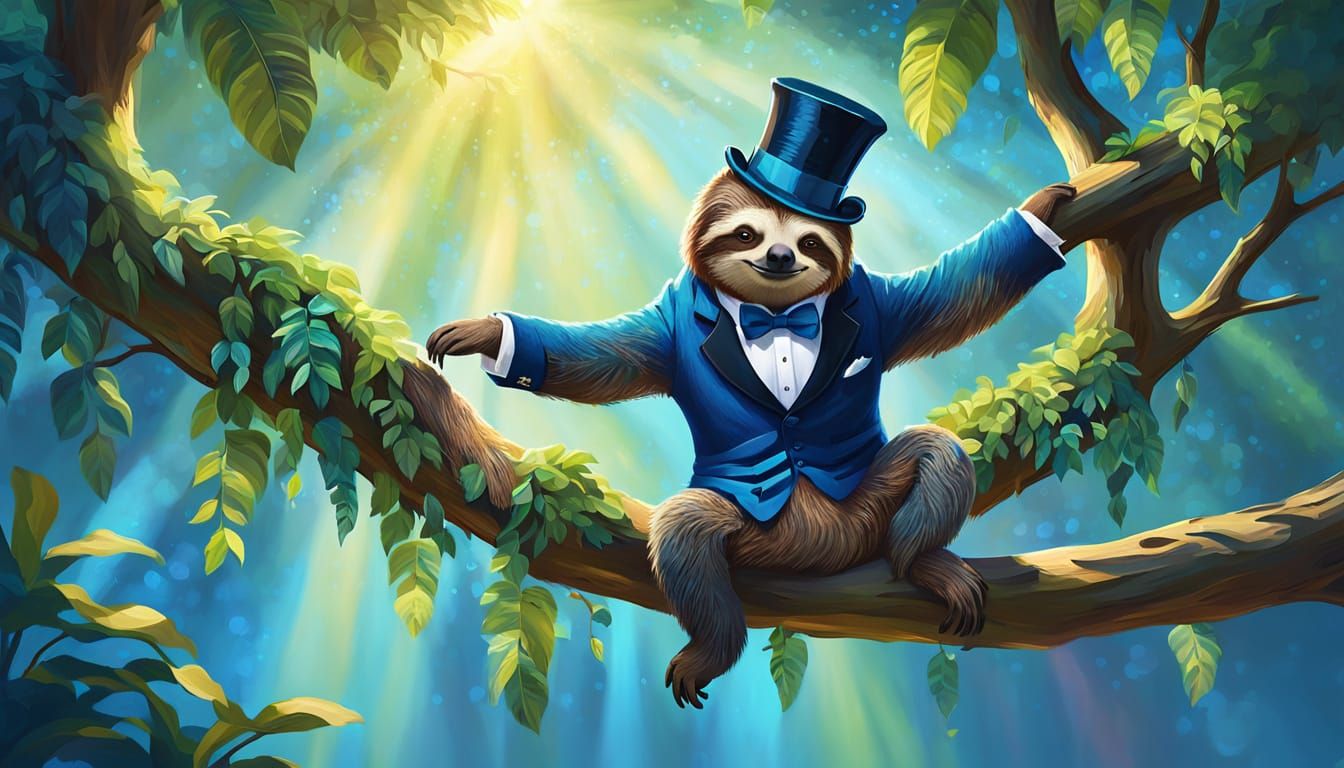 Whimsical Sloth in Tuxedo, Impressionistic Painting Style