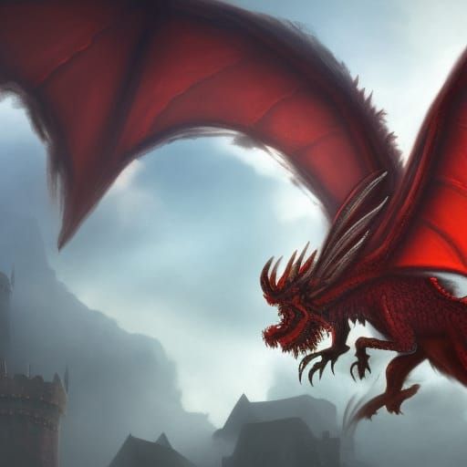 Red Dragon Companion Soars Over a Medieval Stronghold