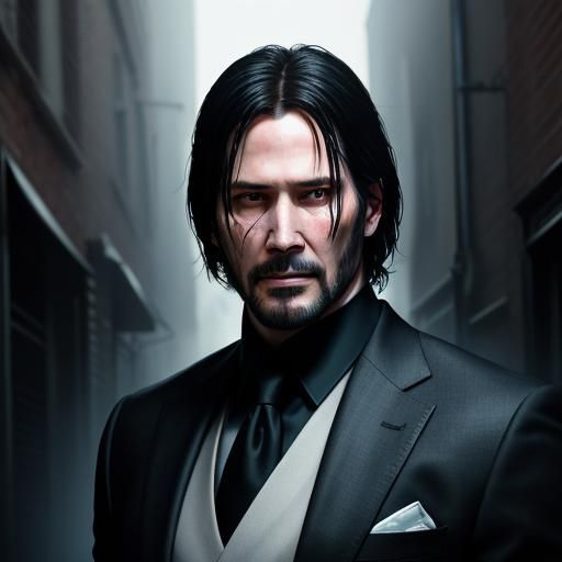 Hyperrealistic John Wick in Dimly Lit Alleyway