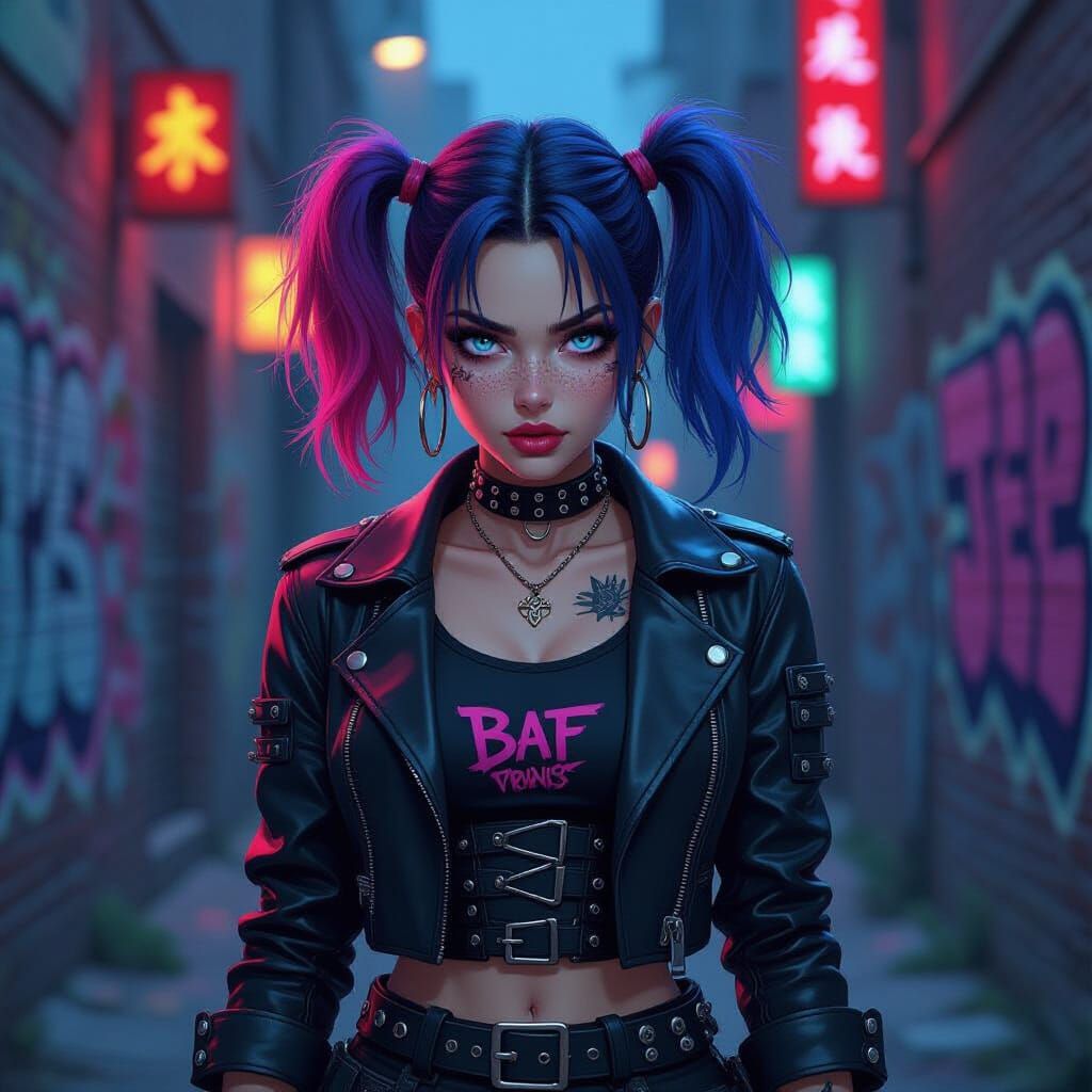 Vibrant Punk Rock Character in Neon Alleyway