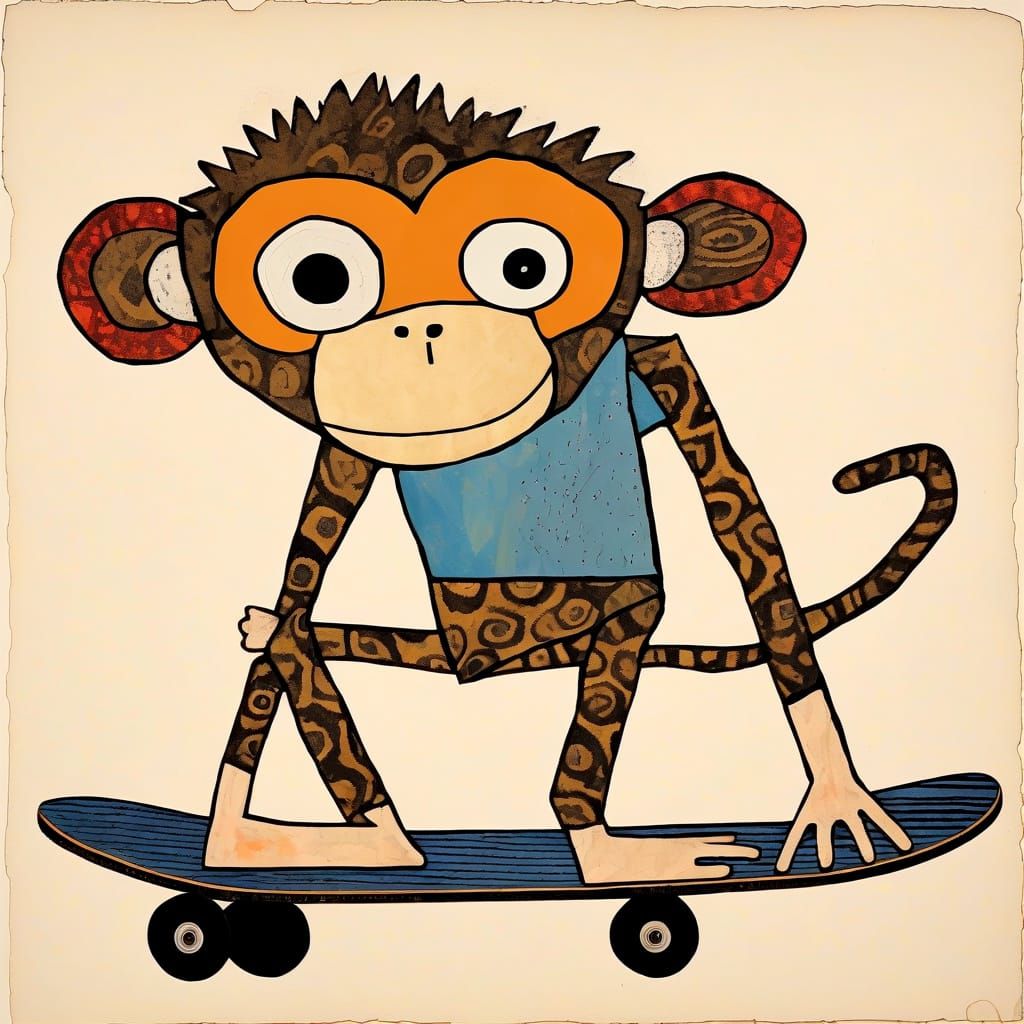 Monkey Riding Skateboard in Mixed Media Style