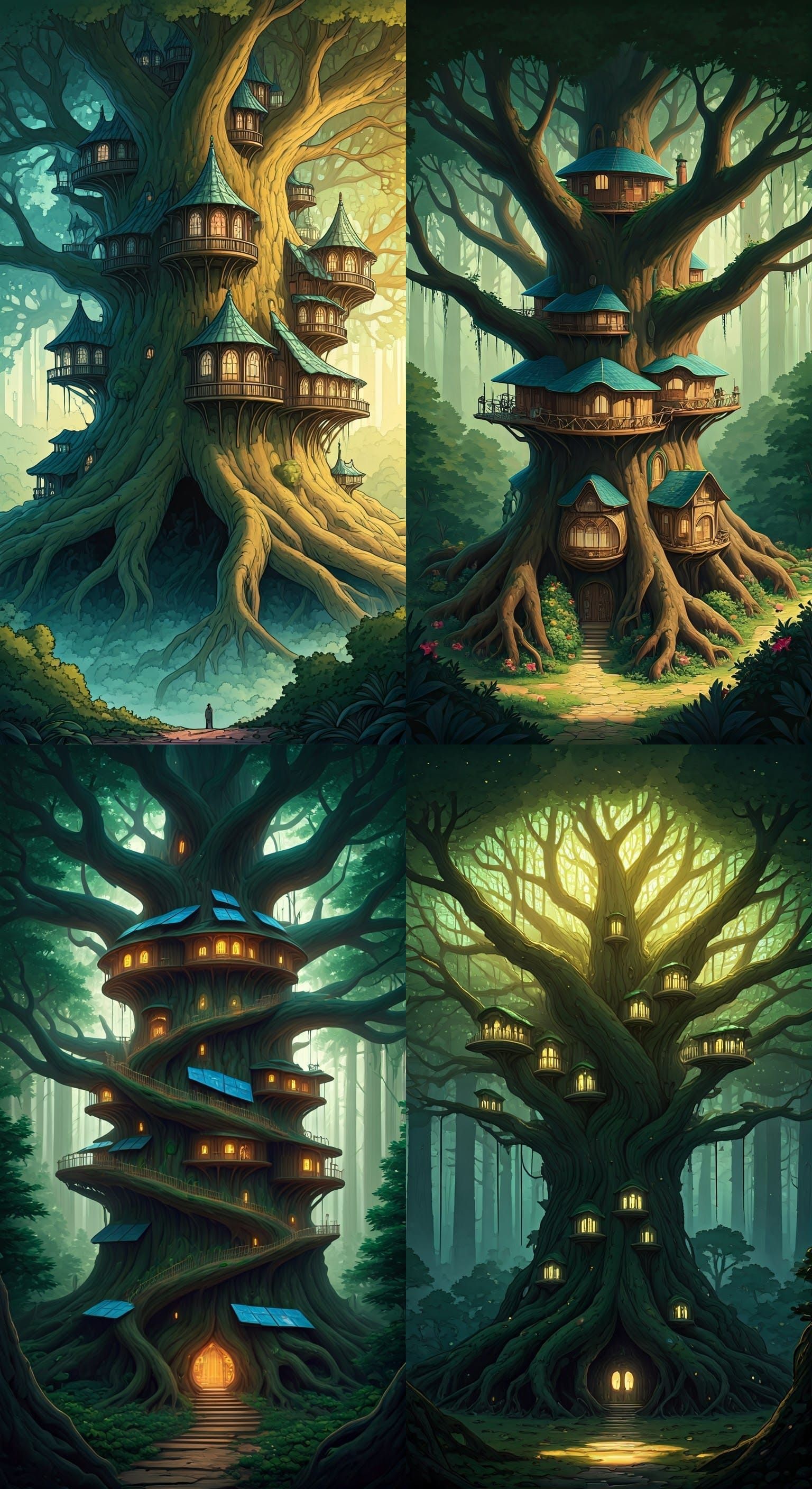 Ethereal Tree Village in Vibrant Solarpunk Style