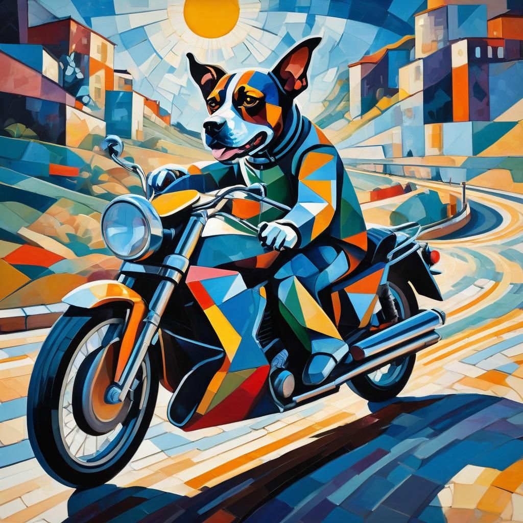 Dog Rides Motorcycle in Cubist Geometric Fauvist Style