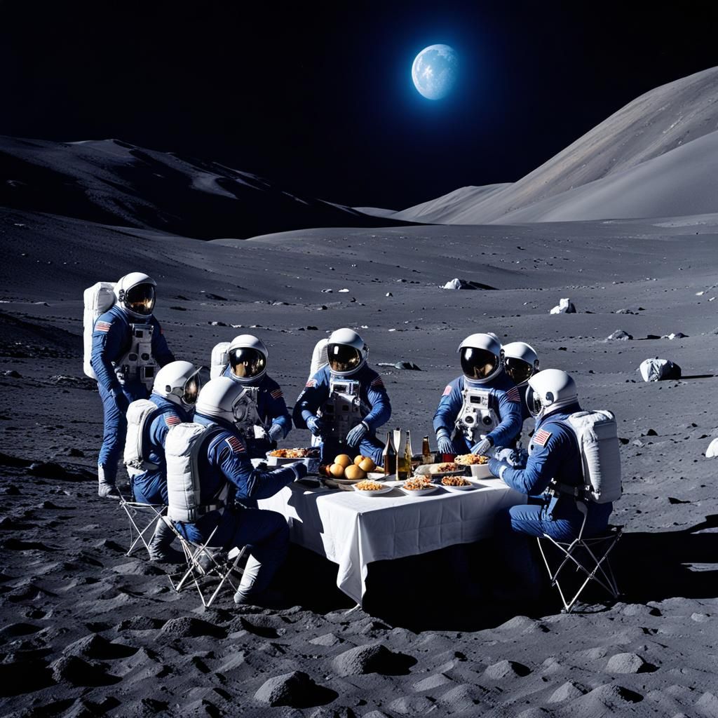 Astronauts Picnic on Moon in Dark Blue