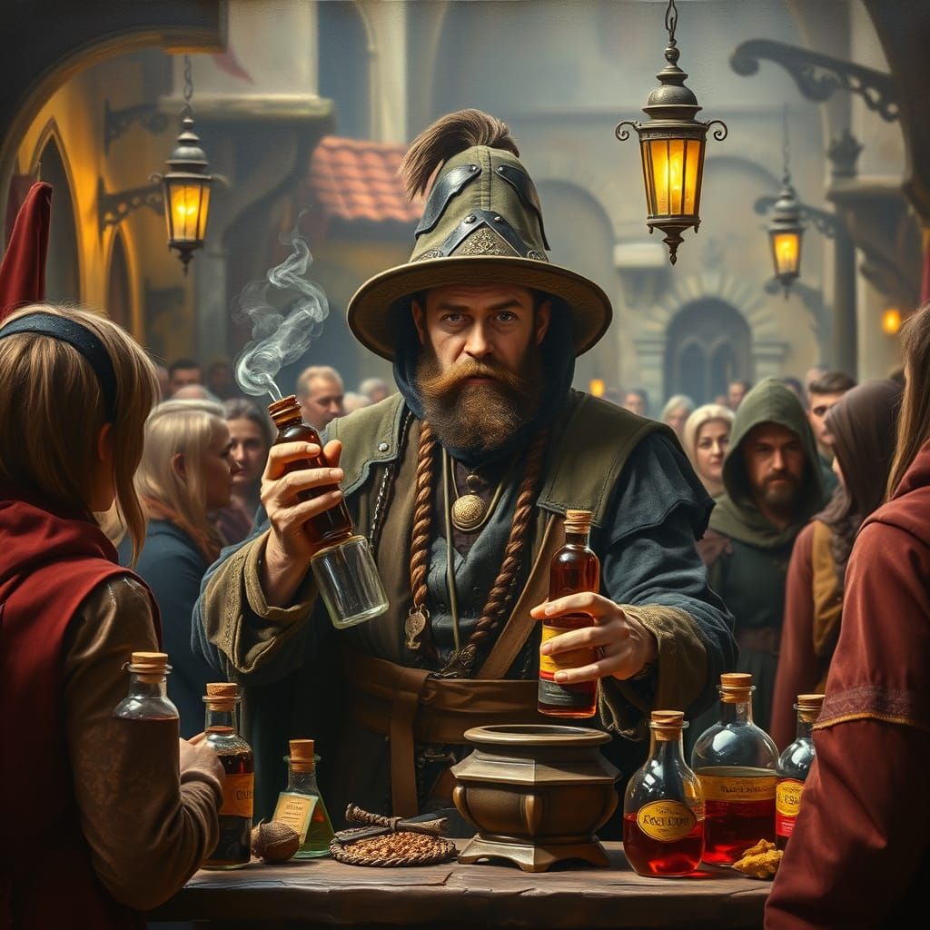Medieval Potionseller at Bustling Market in Renaissance Styl...